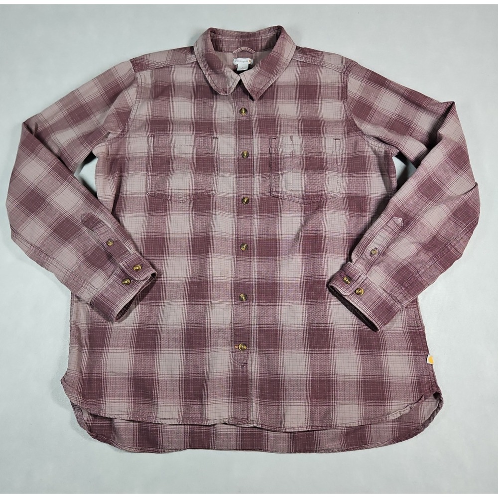 Carhartt Womens Burgundy Plaid Button Up Long Sleeve Shirt Size Large